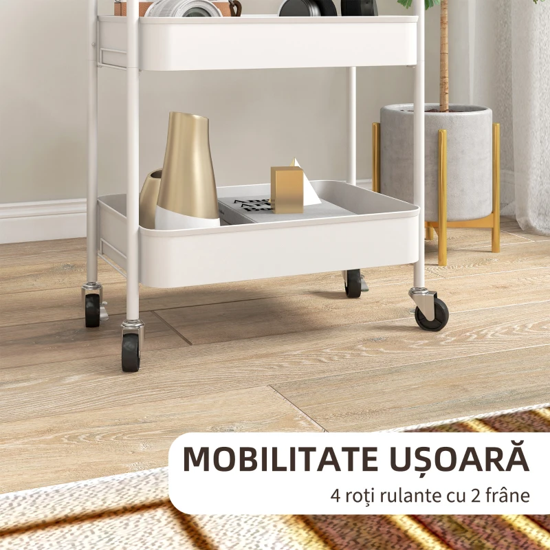 HOMCOM Cărucior pentru Depozitare pe 3 Nivele și Roți cu Frâne, Cărucior Rulant cu 3 Coșuri din Plasă, 45x30,6x79 cm, Alb