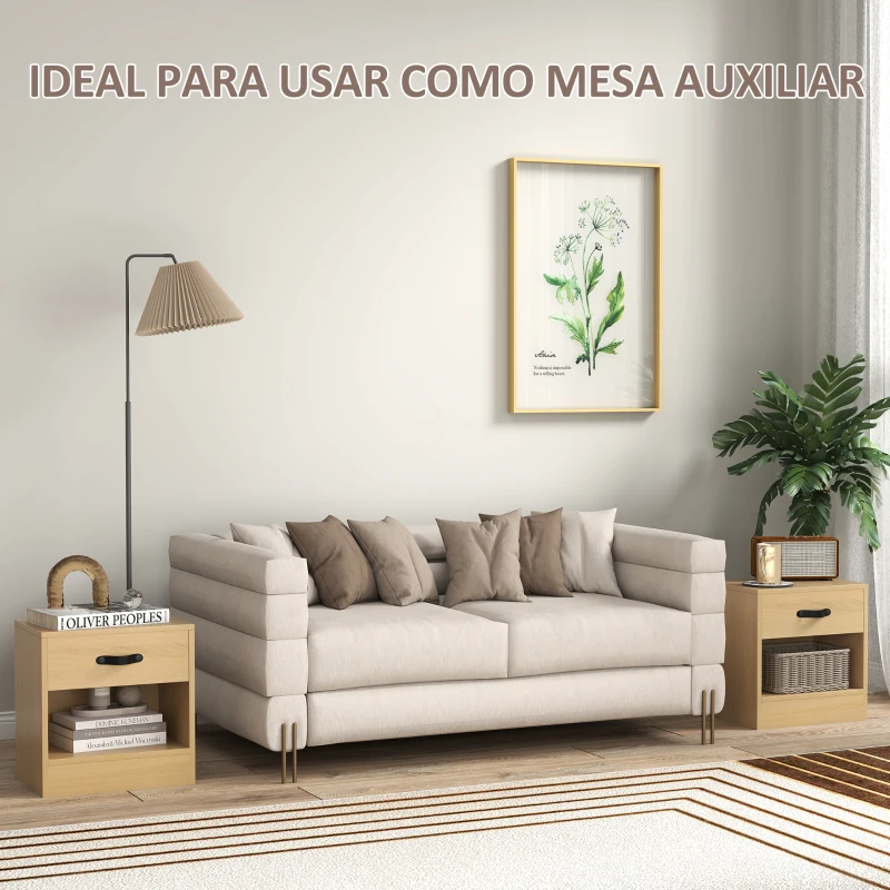HOMCOM Pack de 2 Mesitas de Noche con Cajón y Compartimento Abierto para Salón 39x28x41 cm Natural