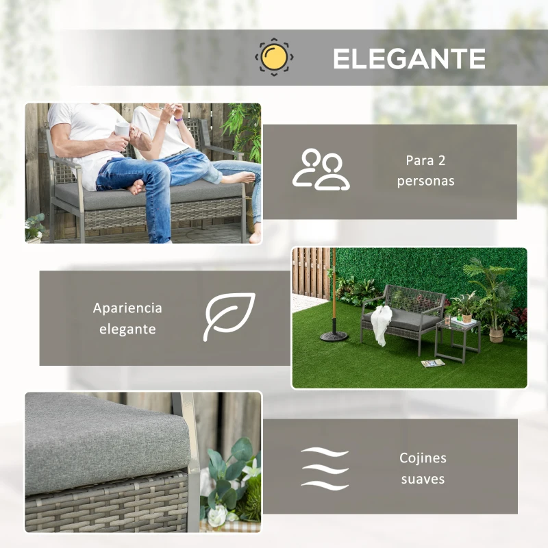 Outsunny Sofá de Ratán Estructura de Aluminio Dos Plazas con Cojín Desmontable Sillón Mueble de Jardín 118x75x79cm para Patio Exterior al Aire Libre Gris