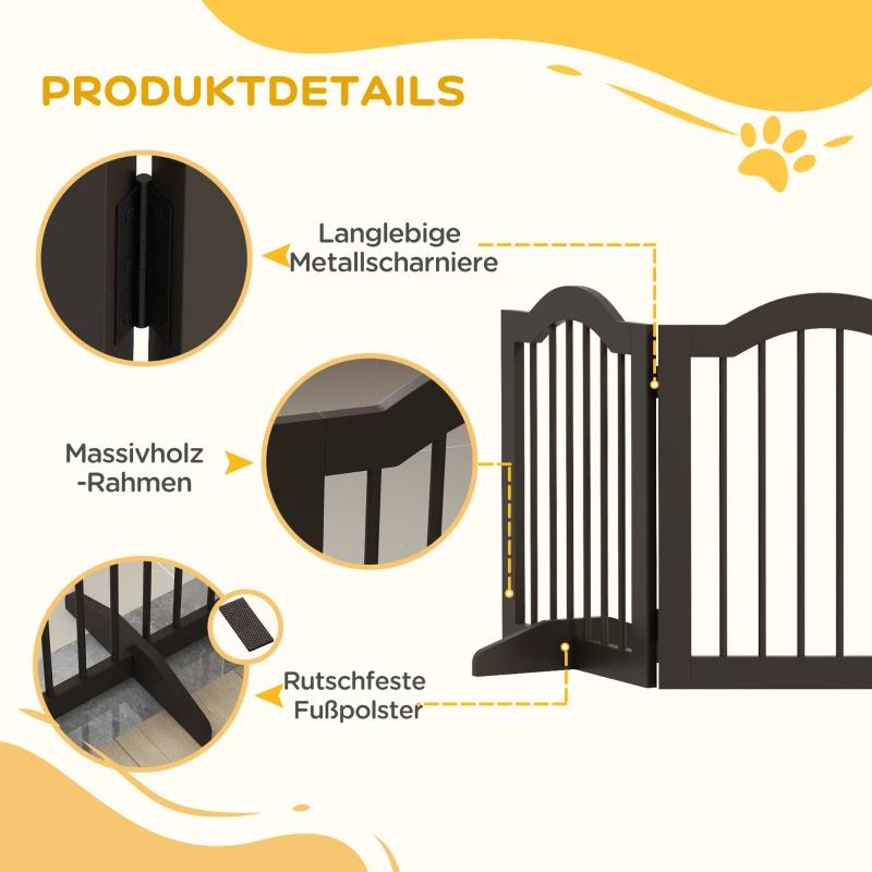 PawHut Hondenhek, 3 panelen, inklapbaar, Massief hout en MDF, 154,5 x 29,5 x 61 cm, Koffie