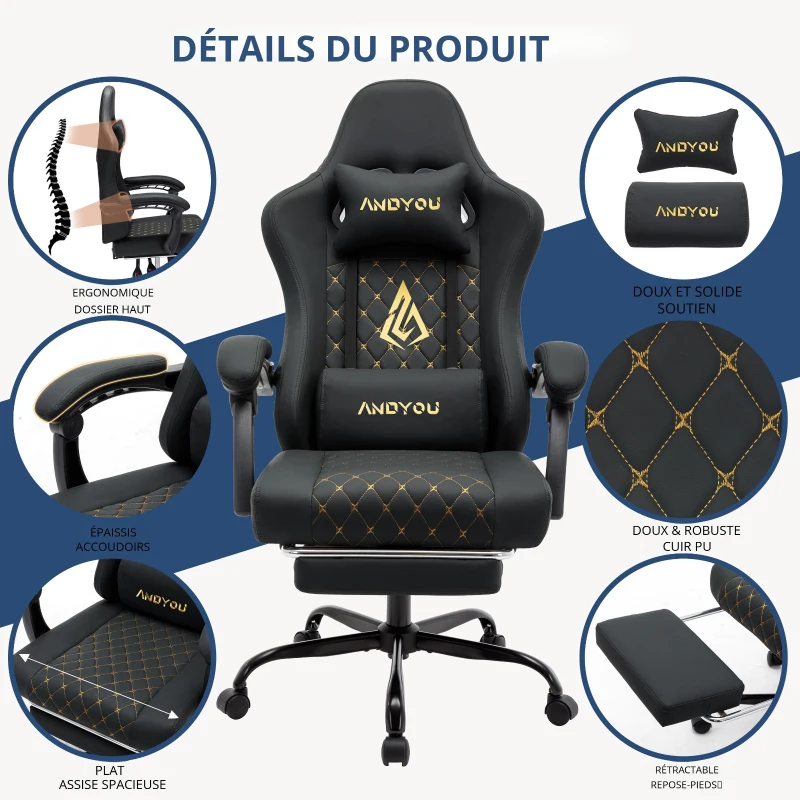 Fauteuil gamer avec repose-pieds, coussin doux pour la nuque et les lombaires, coussin de soutien amovible, 60x60x122 cm, Noir