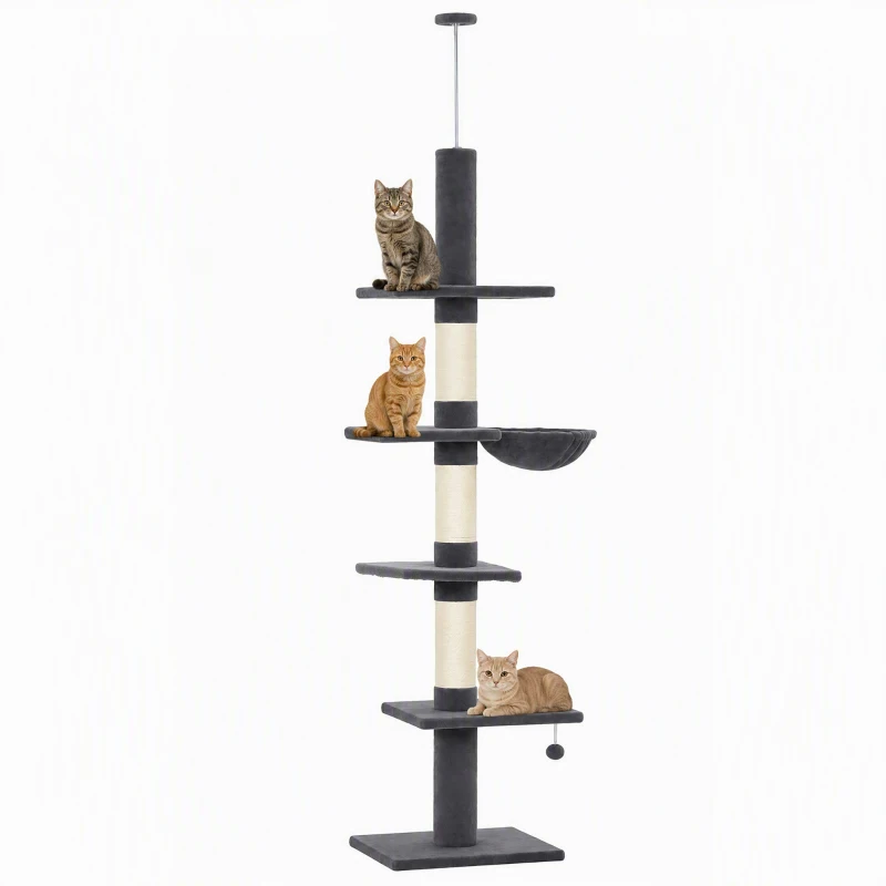 PawHut Plafondhoge krabpaal 225-255 cm, verstelbare kattenboom met 5 niveaus, 3 sisal krabpalen, hangmat en platformen
