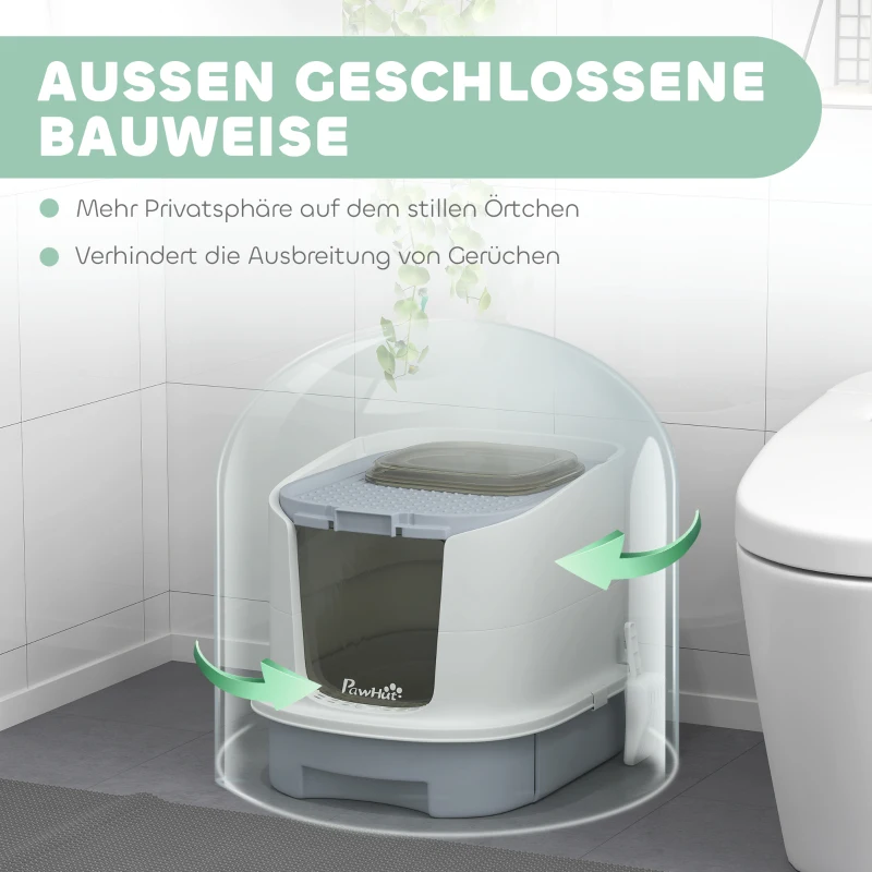 PawHut Kattenbak met deksel boveninstap schep uitschuifbare lade voor katten tot 4,5 kg, 40,5x52,5x42,5 cm Grijs