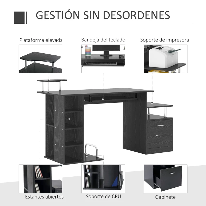HOMCOM Mesa de Escritorio con 6 Estantes Cajón Bandeja de Teclado y Soportes para Monitor Impresora 152x60x88 cm Negro