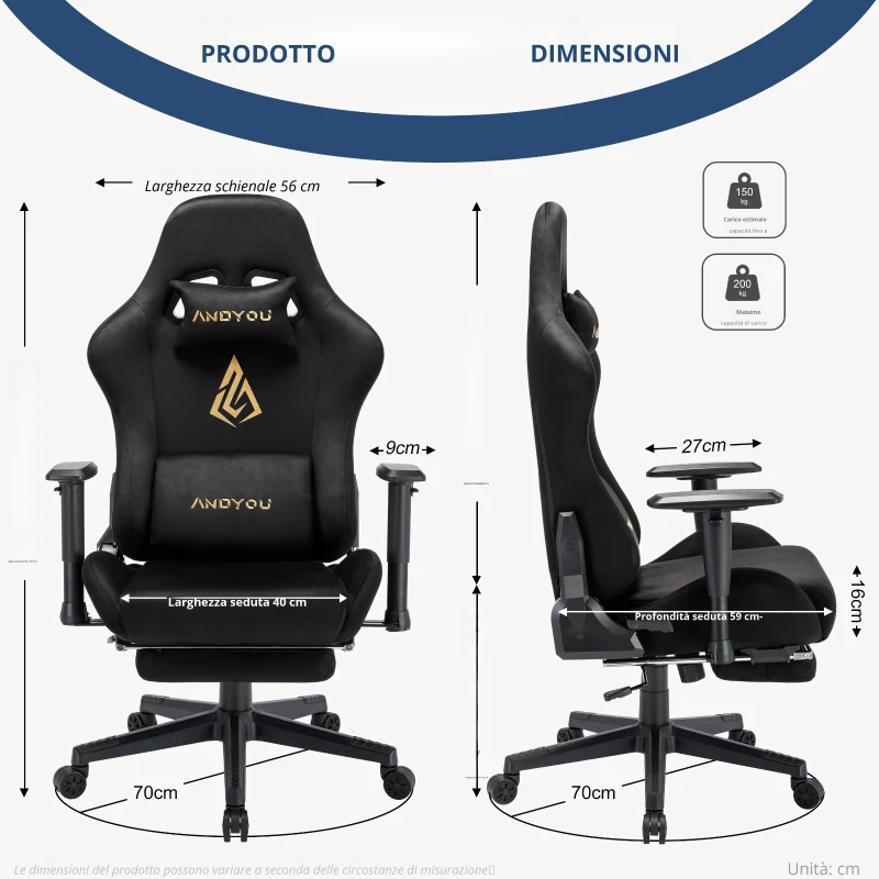 Sedia da gaming con poggiapiedi, in similpelle scamosciata traspirante, regolabile in altezza con pistone a gas, girevole, 70x70x135 cm, Nero