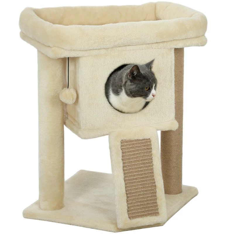PawHut Krabpaal met Jute-Krabmat, Ligplatform, Speelbal, Kattenhuis, Beige, 40 x 40 x 57 cm