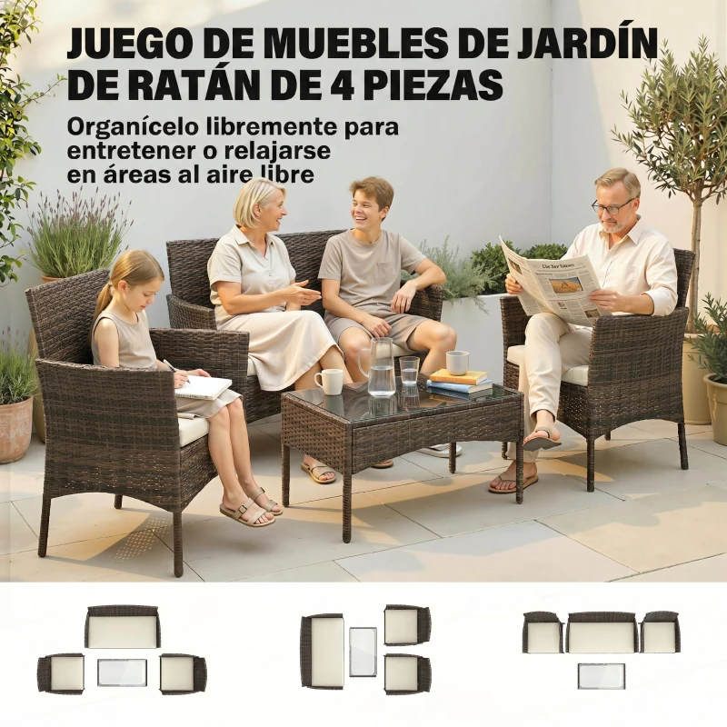 Outsunny Conjunto de Muebles de Jardín de Ratán Sintético con Sofá Sillones y Mesa de Centro con Vidrio Templado y Cojines Marrón
