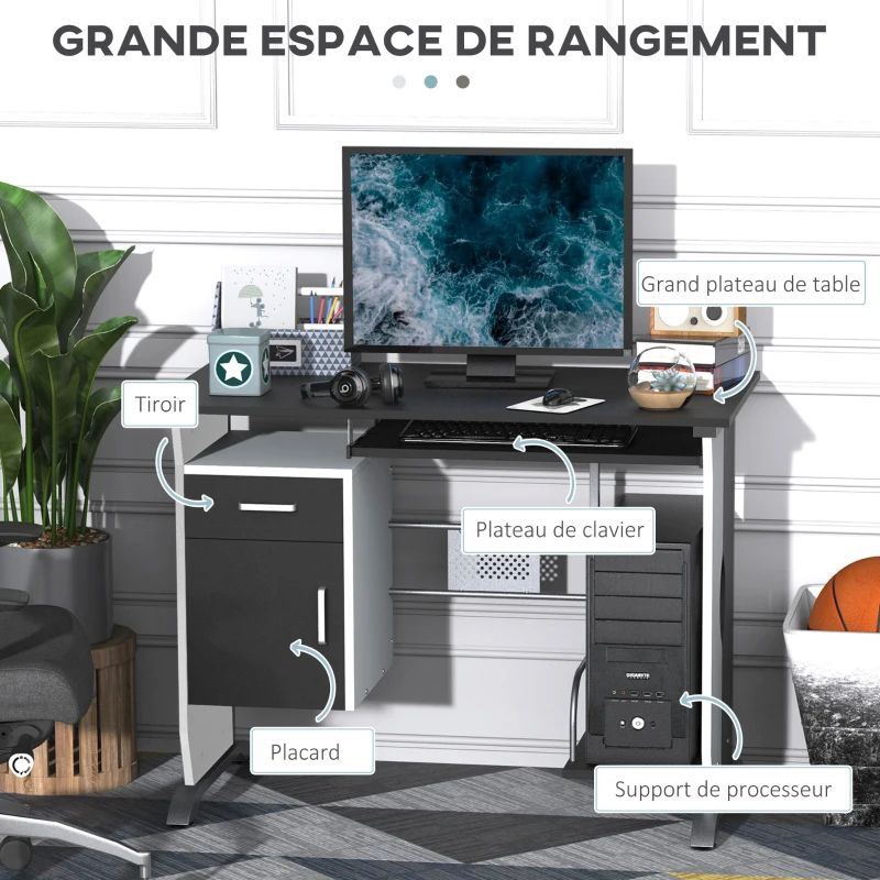 HOMCOM Bureau informatique design en mdf 100 L x 52 I x 75H cm noir et blanc
