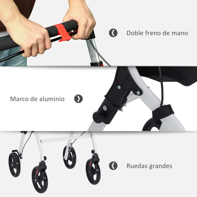 HOMCOM Andador para Personas Mayores Plegable de Aluminio con 4 Ruedas Bandeja Altura Ajustable Frenos de Maneta Blanco