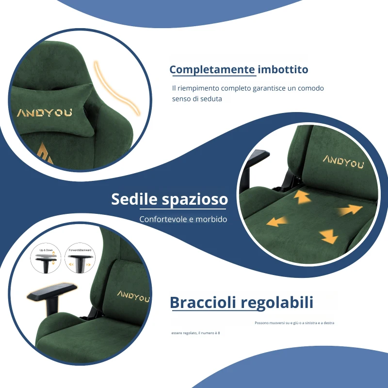 Sedia gaming con poggiapiedi, similpelle scamosciata traspirante, regolabile in altezza con pistone a gas, girevole, 70x70x135 cm, Verde