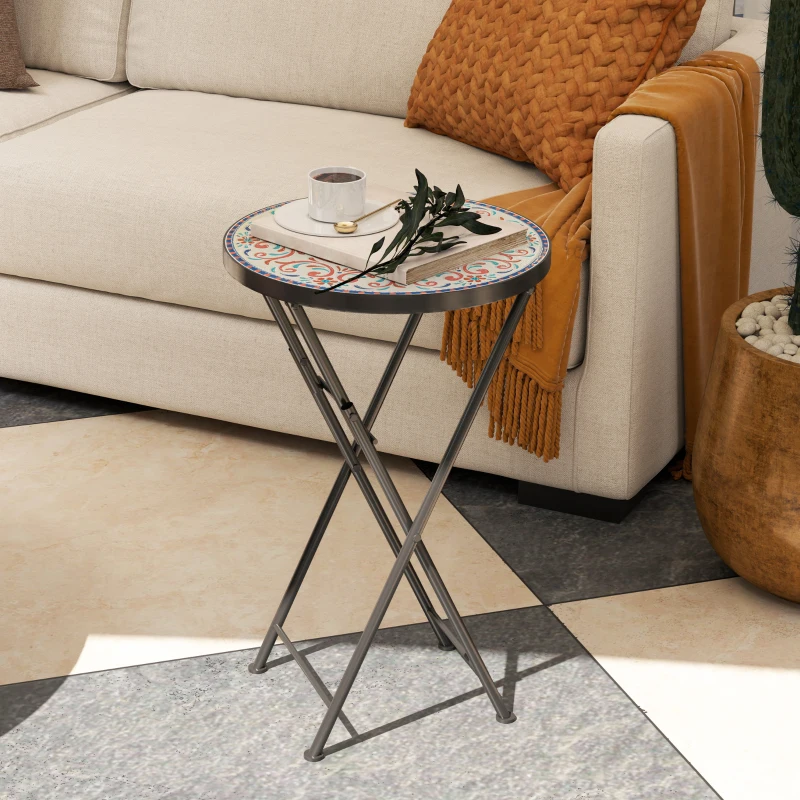 Outsunny Mozaïek Tuintafel, Opvouwbare ronde terrastafel met Metalen Frame en Keramische Tafelblad, Mozaïekpatroon, Meerkleurig