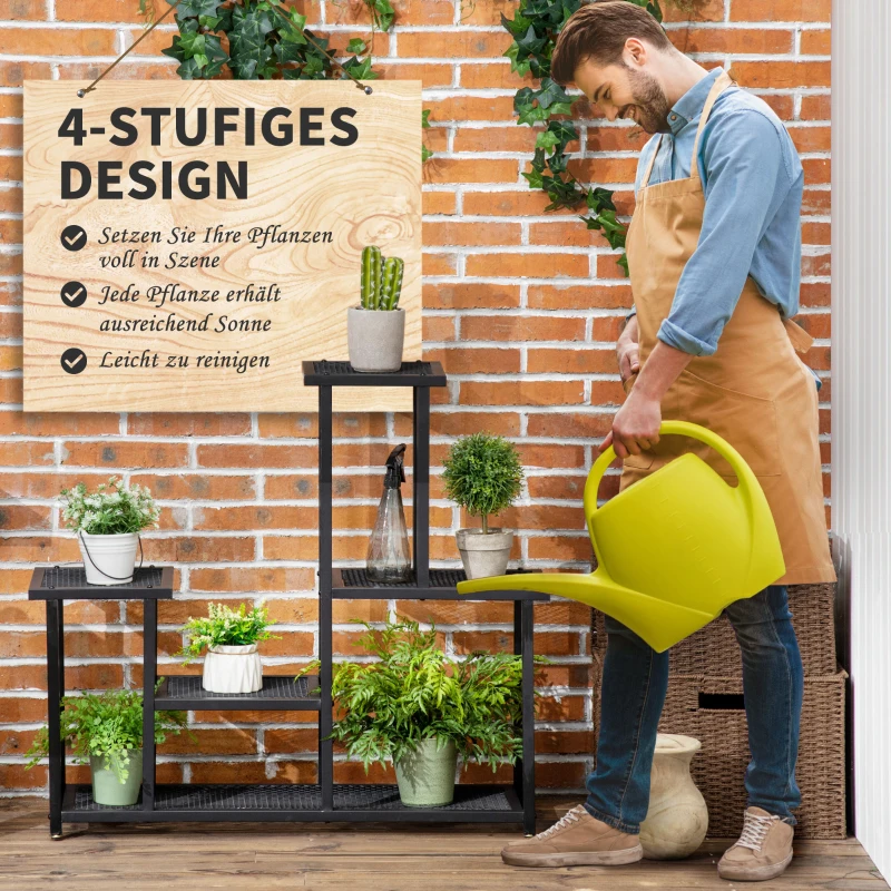 Outsunny plantenrek, plantentrap met 4 treden, bloemenrek op meerdere niveaus, plantenstandaard voor tuin, balkon, metaal, zwart, 91 x 25 x 83 cm(m-5)