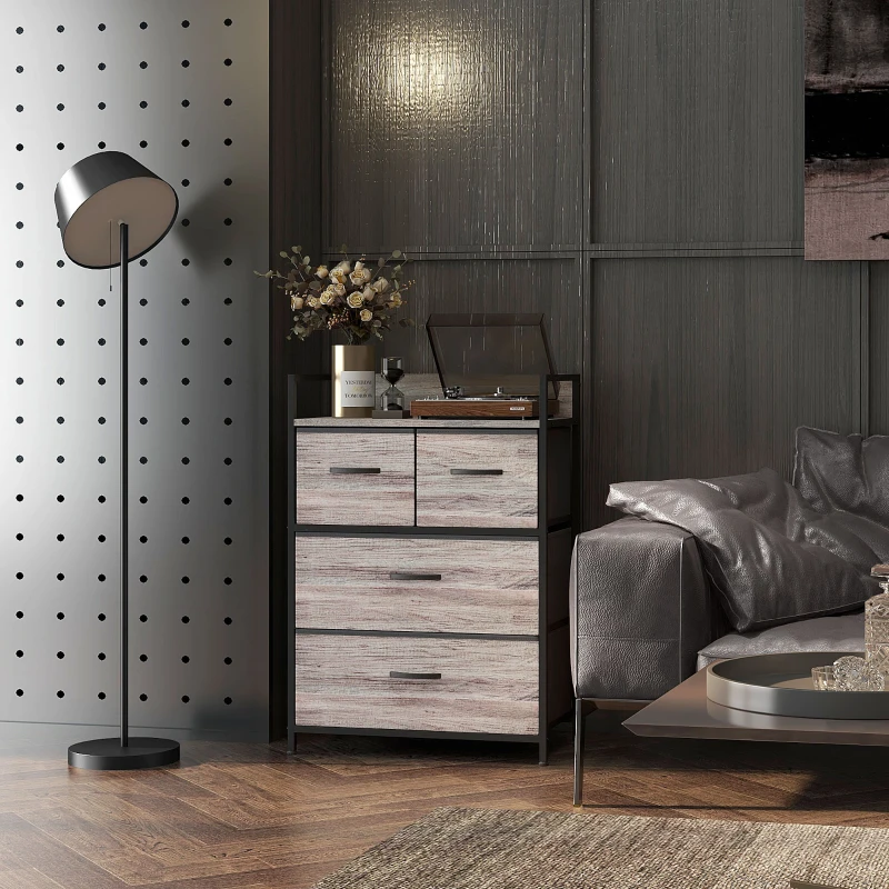 HOMCOM Cómoda con 4 Cajones de Tela Plegables Industrial Estante Abierto Marco de Acero Cajonera para Espacios Pequeños Gris