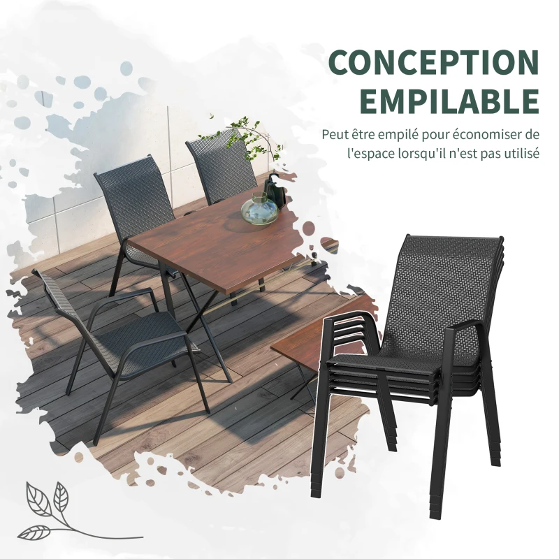 Outsunny Lot de 4 chaises de jardin empilables, fauteuil d'extérieur avec accoudoirs et revêtement en résine tressée effet rotin