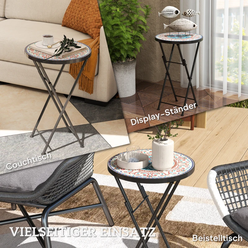 Outsunny Mozaïek Tuintafel, Opvouwbare ronde terrastafel met Metalen Frame en Keramische Tafelblad, Mozaïekpatroon, Meerkleurig