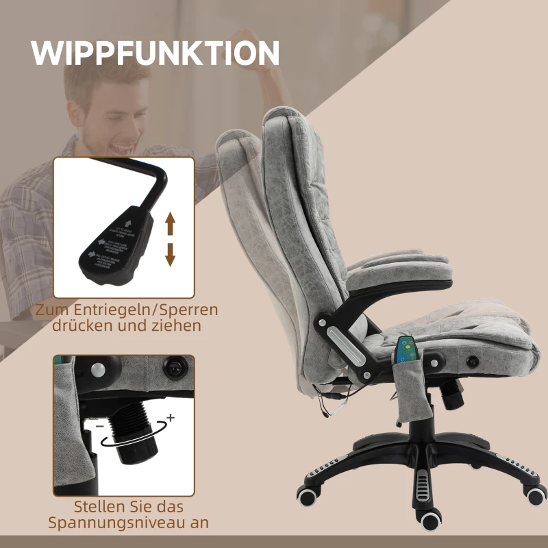 Vinsetto Directiestoel met Massage- & Verwarmingsfunctie, Ergonomisch, Verstelbaar, tot 120kg, Grijs(m-6)
