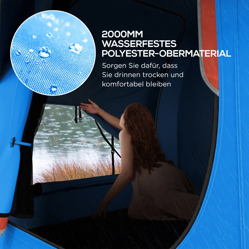 Outsunny Auto-zeil Kampeertent, 3 deuren, weerbestendig, 239cm x 210cm x 210cm, Oranje + Blauw