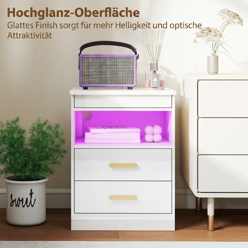 HOMCOM Modern nachtkastje, bijzettafel met oplaadstation en RGB-ledverlichting, hoogglans wit