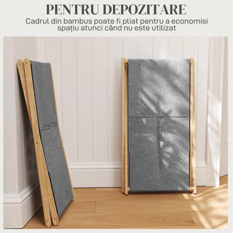 HOMCOM Coș pentru rufe pliabil 55L din material textil și cadru din bambus, lemn și gri