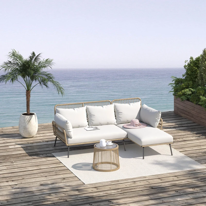 Outsunny Set da Giardino in Rattan Stile Boho Chic con Divano Angolare e e Tavolino, Crema e Caffè