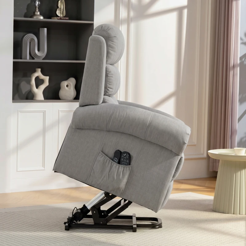 HOMCOM Power-lift relaxfauteuil met vibratiemassage en warmte, USB-aansluiting, zijvakken en afstandsbedieningen, lichtgrijs