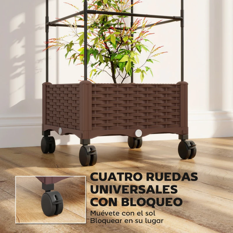 Outsunny Jardinera con Enrejado Ruedas con Drenaje para Cultivos Verduras Flores Hierbas 40x40x165 cm Marrón