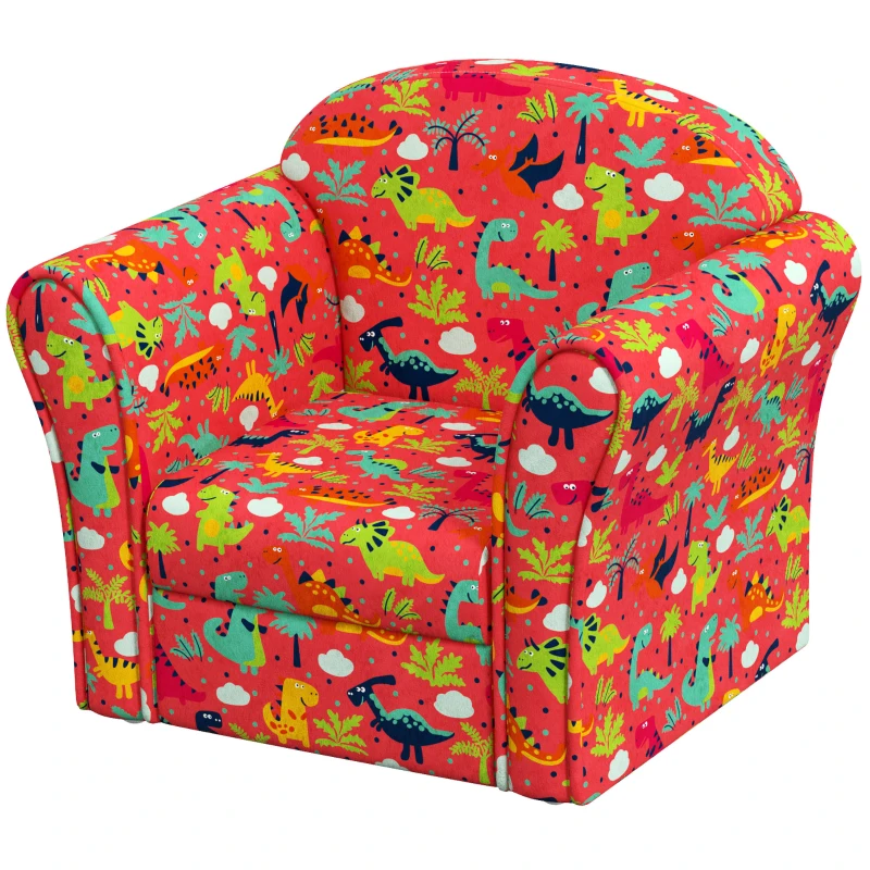 AIYAPLAY Kids Armchair with Dinosaur Design, Wooden Frame, for Bedroom, Playroom, Kids Room - Red