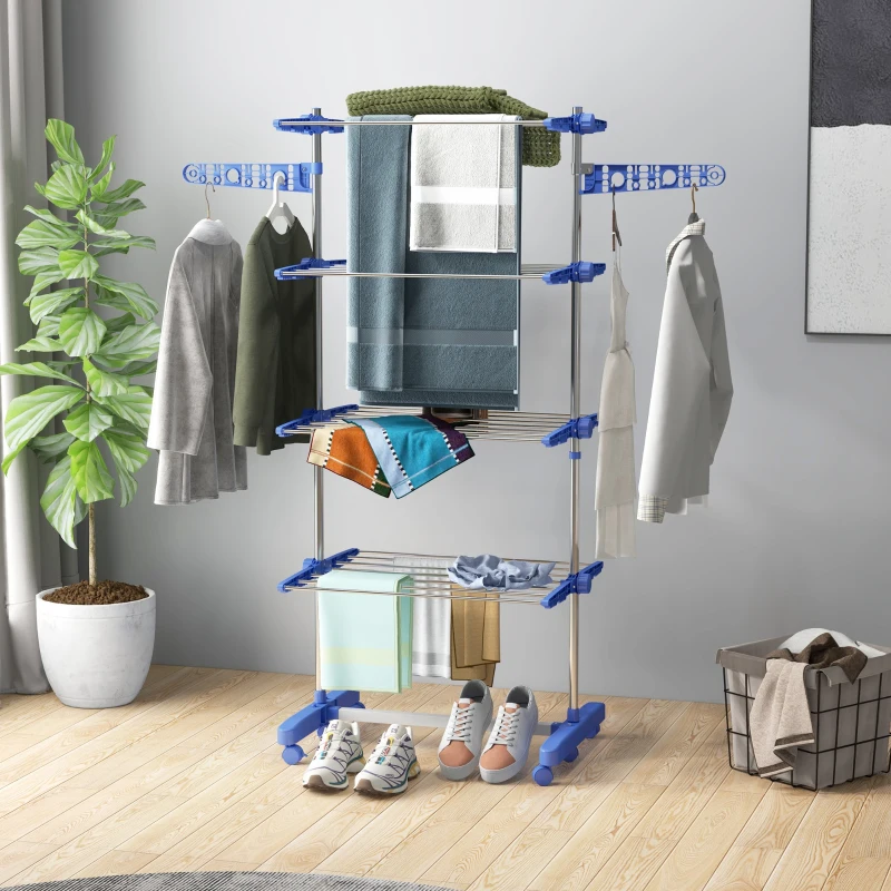 HOMCOM Tendedero Vertical de 4 Niveles con 6 Ruedas 2 Laterales Abatibles Estantes Ajustables y Marco de Acero Inoxidable Azul