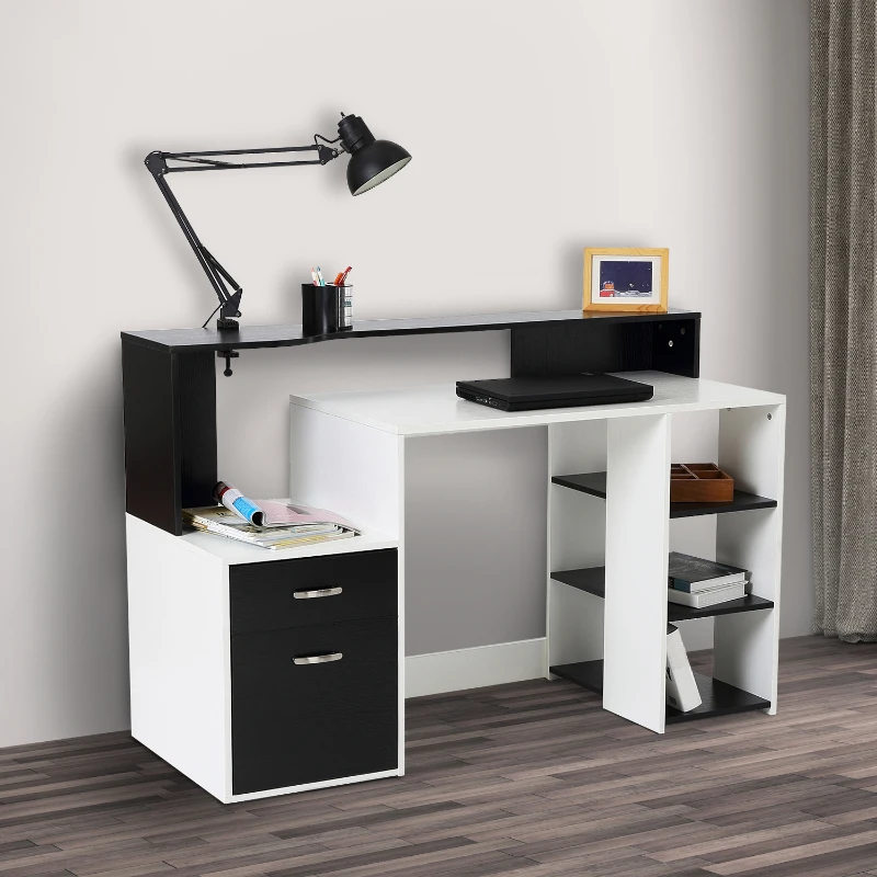 HOMCOM Bureau informatique Bureau avec rangement multimédia design multi-rangements 137 L x 55 l x 92 H cm noir et blanc