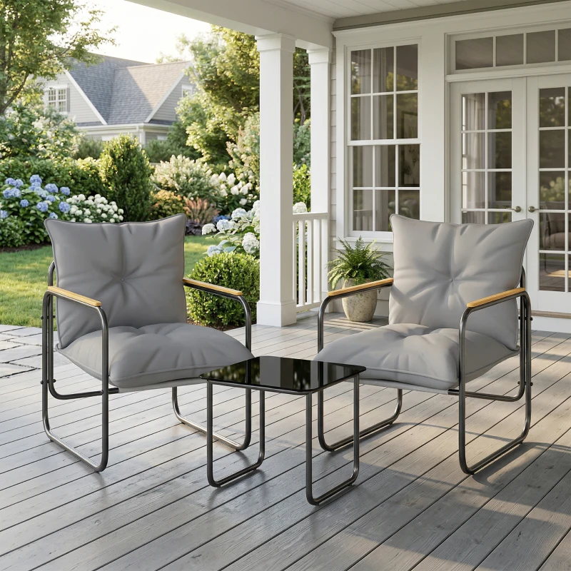 Outsunny Salon de Jardin 3 Pièces, 2 Fauteuils avec Coussins Épais, 1 Table Basse en Verre Trempé, 59x73x72cm, Gris Foncé
