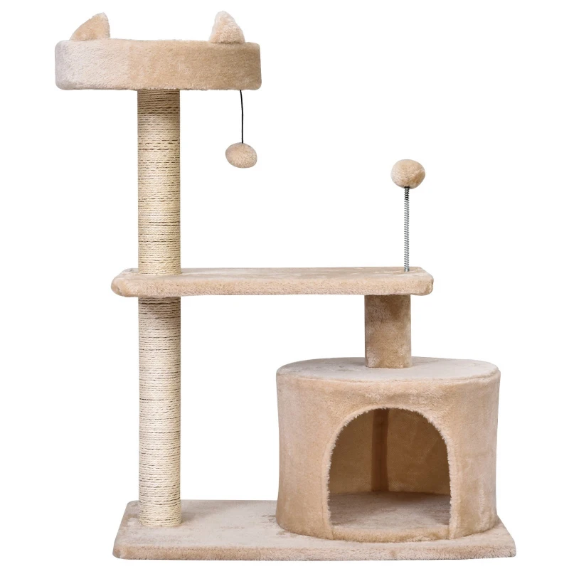 PawHut kattenboom 3 verdiepingen krabpaal kattengrot met sisal palen krabplank pluche beige