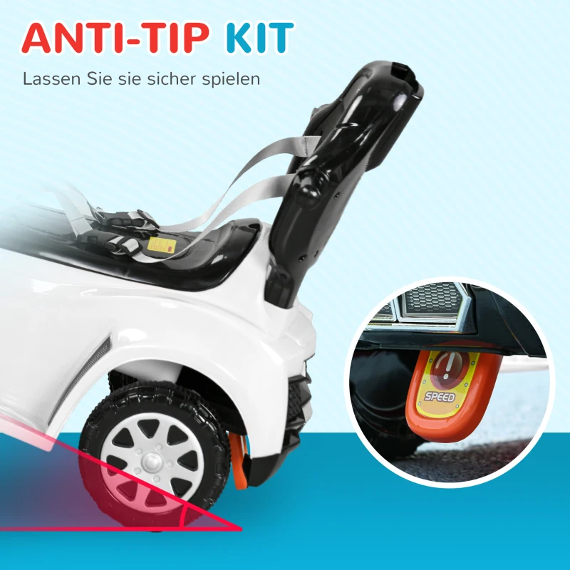 AIYAPLAY 2-in-1 Loopauto, Afneembaar Zonnedak, Lichtjes, Muziek, Toeter, Kunststof en Metaal, 96 x 39 x 90 cm, Wit/Zwart