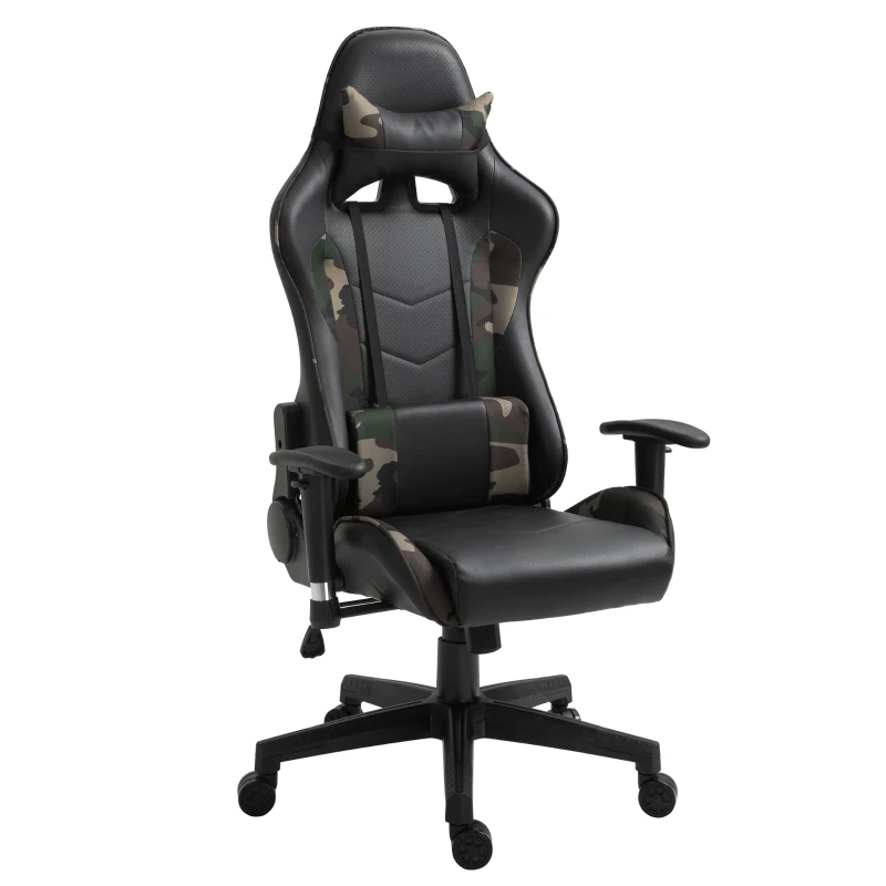 Vinsetto massage bureaustoel, gaming stoel, ergonomisch, kunstleer, schuim, nylon, zwart, camouflage, 64 x 69 x 120-127 cm