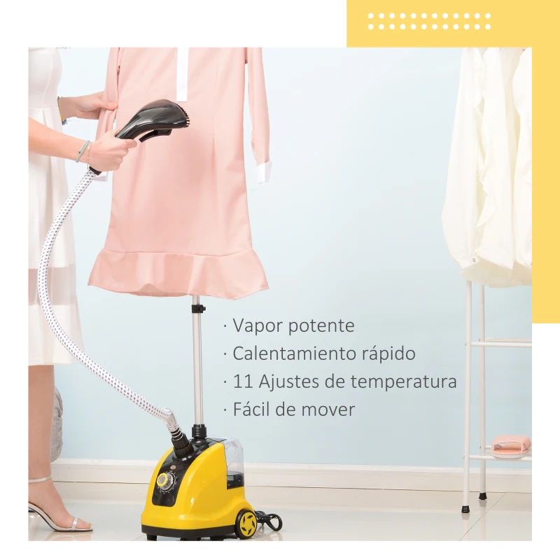 HOMCOM Plancha de Vapor con Depósito de 1,4 L y Temperatura Ajustable a 11 Niveles Calentamiento Rápido de 38 Segundos Centro de Planchado Vertical 1950W 26x21,5x146 cm Amarillo