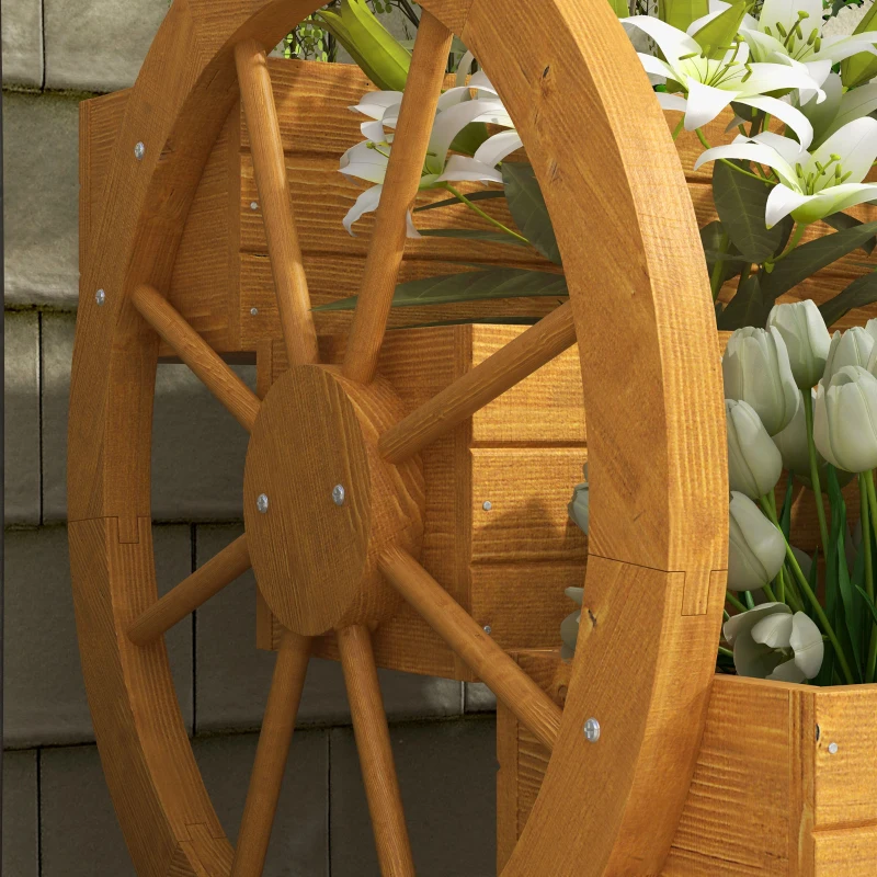 Outsunny Houten Plantenbak met 3 Lagen en Wagenwieldecoratie - 62 x 61 x 57 cm