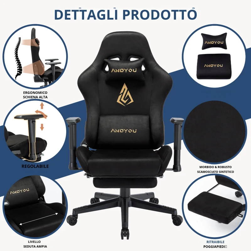 Sedia da gaming con poggiapiedi, in similpelle scamosciata traspirante, regolabile in altezza con pistone a gas, girevole, 70x70x135 cm, Nero