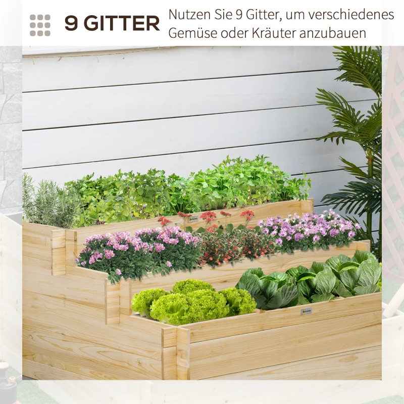 Outsunny Houten Verhoogde Bloembak, 3 Lagen, Voering van Vliesstof, Gelakt Natuurlijk Hout, 117 x 100 x 54 cm(m-6)