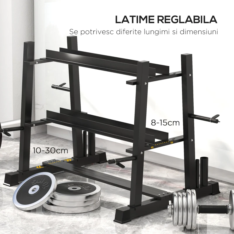 SPORTNOW Suport pentru Ganterele din Oțel cu 4 Tije Reglabile pentru Greutăți și Kettlebell-uri, 131x75x80 cm, Negru