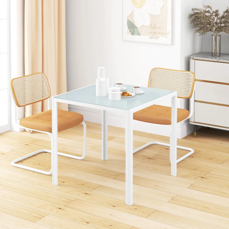 HOMCOM Vierkante eettafel voor 4 personen, tafelblad van gehard glas, voor keuken en eetkamer, 75 x 75 x 75 cm, wit