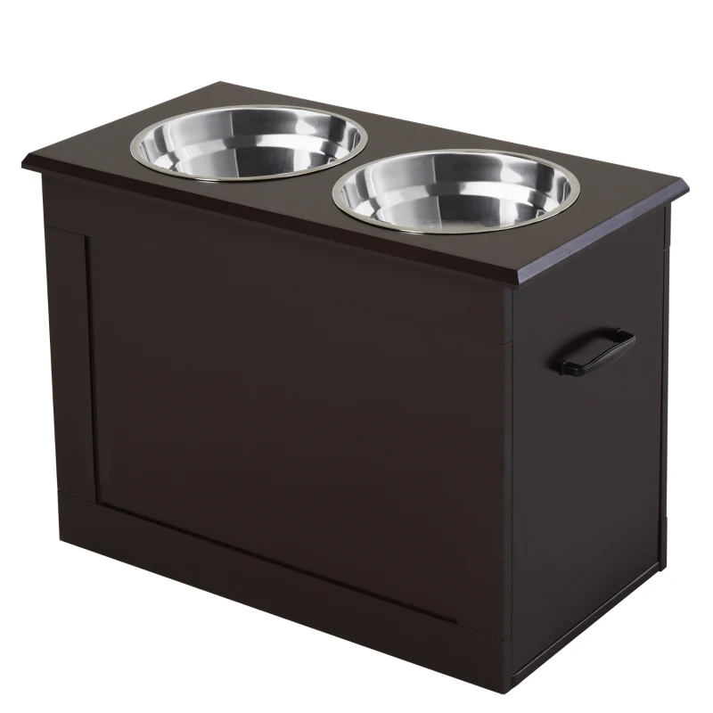 PawHut hondenbak met opbergruimte 2 bakjes voerstation kattenbak espresso(m-10)