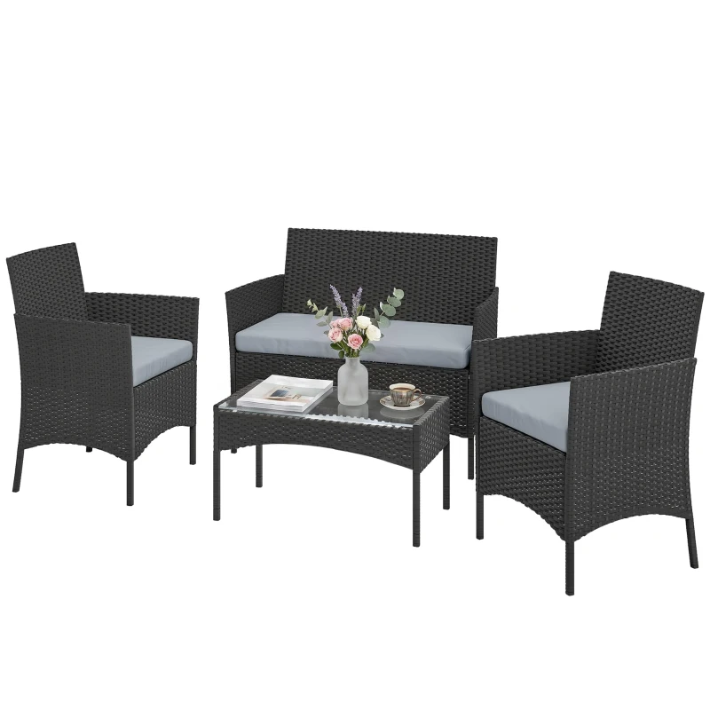 Outsunny 4 Piece Rattan Garden Furniture Sofa Set with Loveseat, Armchairs, Glass-Top Coffee Table and Cushions, Black