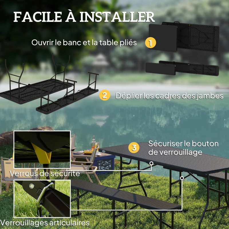 Outsunny Ensemble table pliante et bancs de pique-nique 180 cm avec poignées de transport, table et banc pliable effet rotin noir