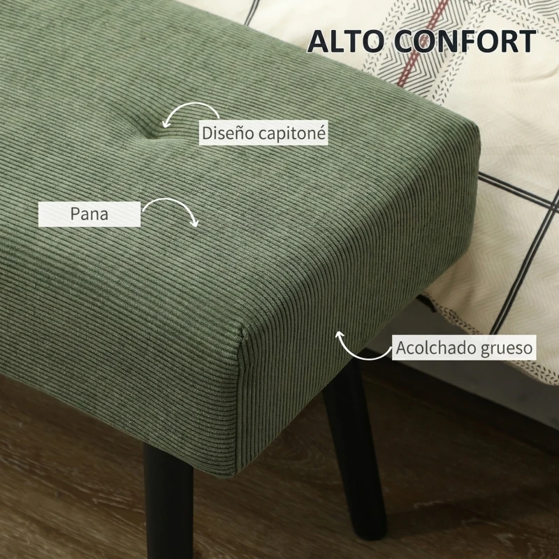 HOMCOM Banco Pie de Cama Tapizado en Pana con Asiento Acolchado Diseño Capitoné y Patas de Acero para Dormitorio Verde