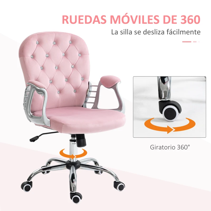 Vinsetto Silla de Escritorio de Terciopelo con Altura Ajustable Reposabrazos y Decoraciones de Diamantes 59,5x60,5x93-103 cm Rosa