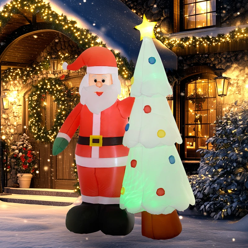 Outsunny 7ft Christmas Inflatable Decoration Santa Claus and Christmas Tree, Blow-Up Outdoor Garden Display for Lawn Garden Party