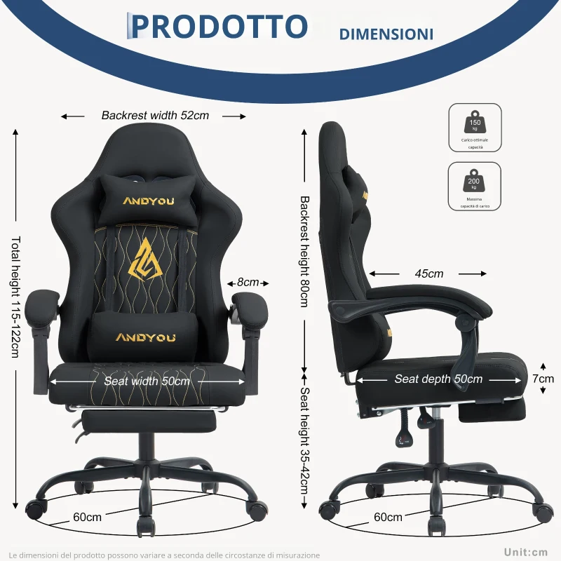 Sedia da gaming con poggiapiedi, morbido cuscino per collo e lombare, cuscini di supporto rimovibili, 60x60x122 cm, Nero