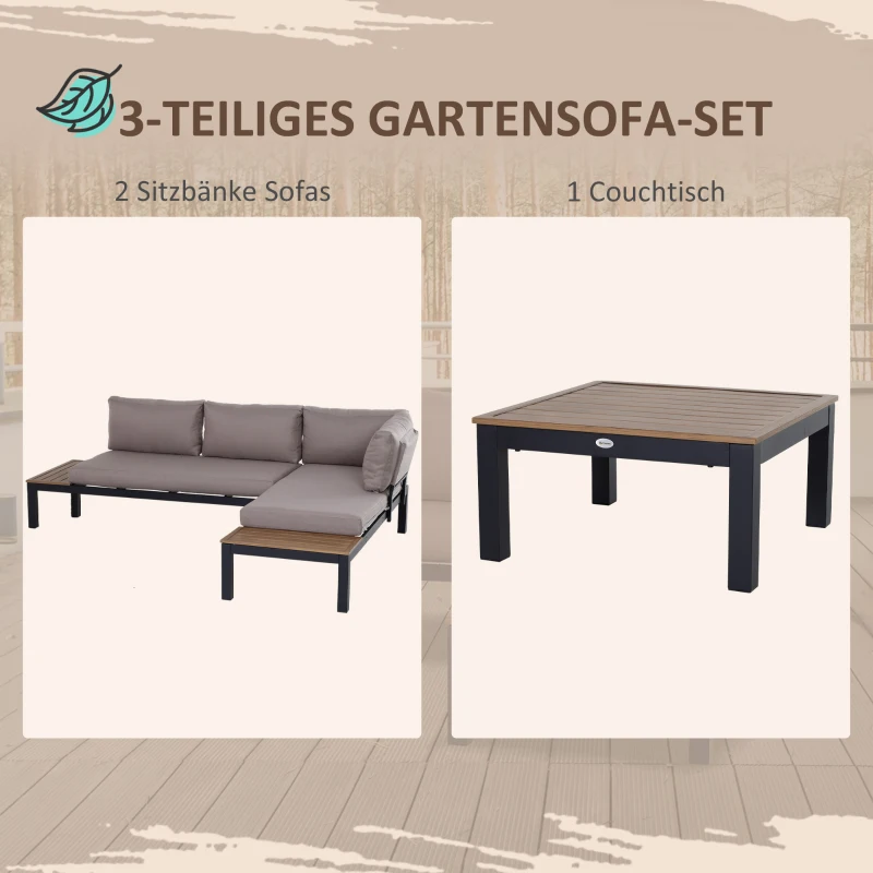 Outsunny 3-delige tuinset bank bijzettafel met kussens aluminium