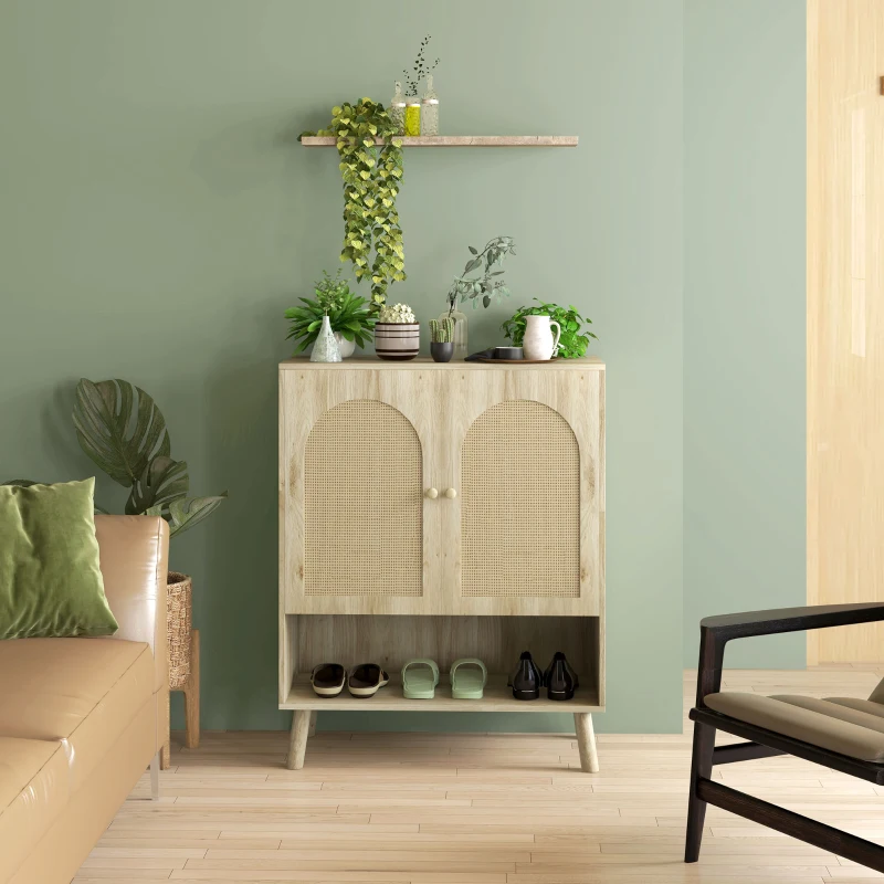 HOMCOM Mobile Multiuso in Stile Boho con Ante in Rattan e Ripiano Aperto, 80x38x100cm, Rovere