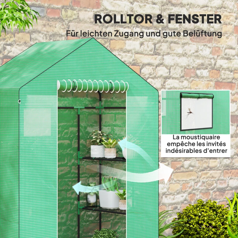 Outsunny Kas met Schappen, Mini-Kas, UV-bestendig, Netramen, Ritssluitingdeur, 143L x 74B x 190H cm, Groen