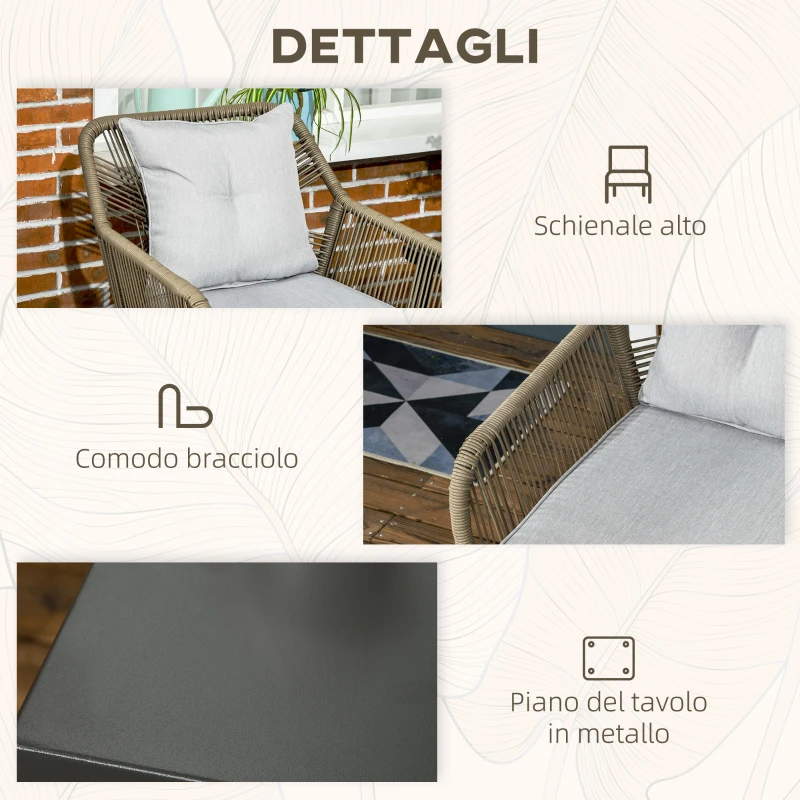 Outsunny Set Tavolino e Sedie da Giardino 3 Pezzi in Rattan PE e Acciaio con 2 Sedie Moderne e 1 Tavolino da Caffè